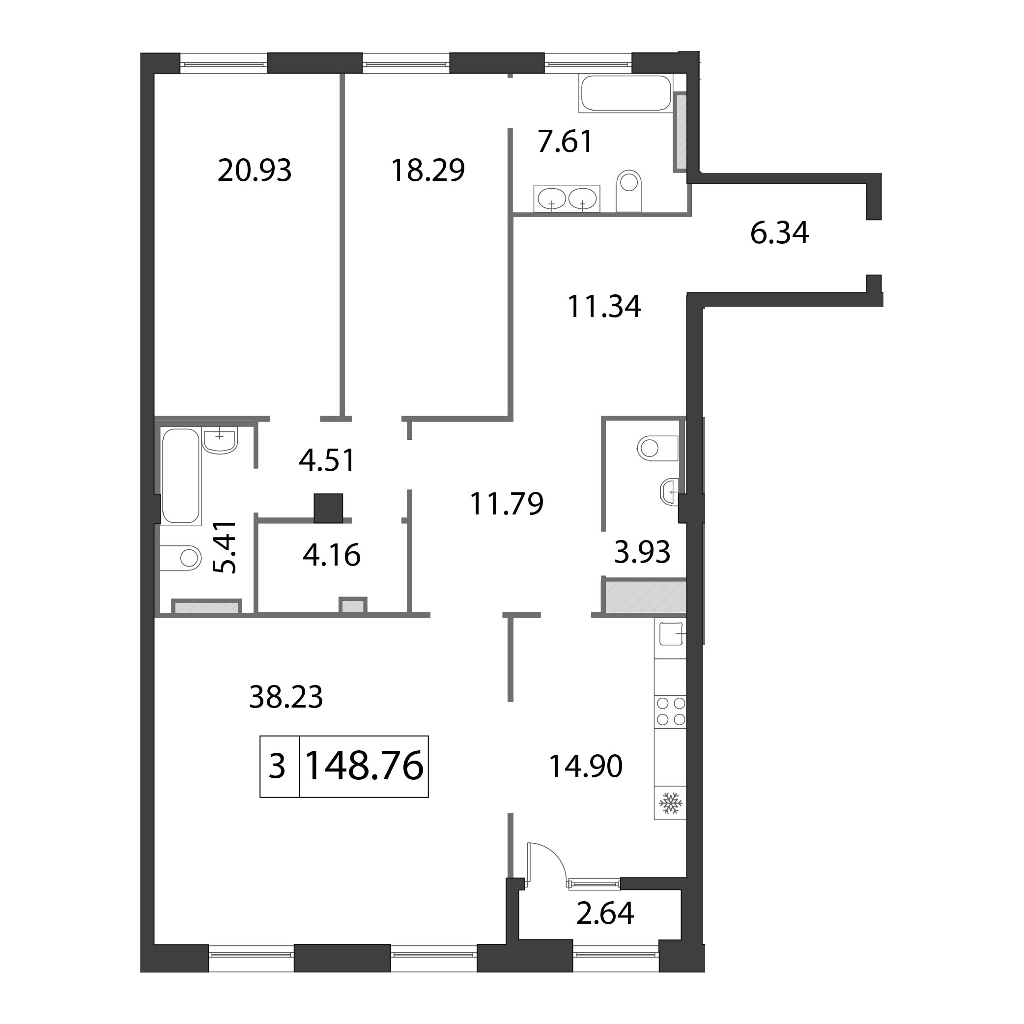 3-комнатная квартира, 149.8 м² - планировка, фото №1