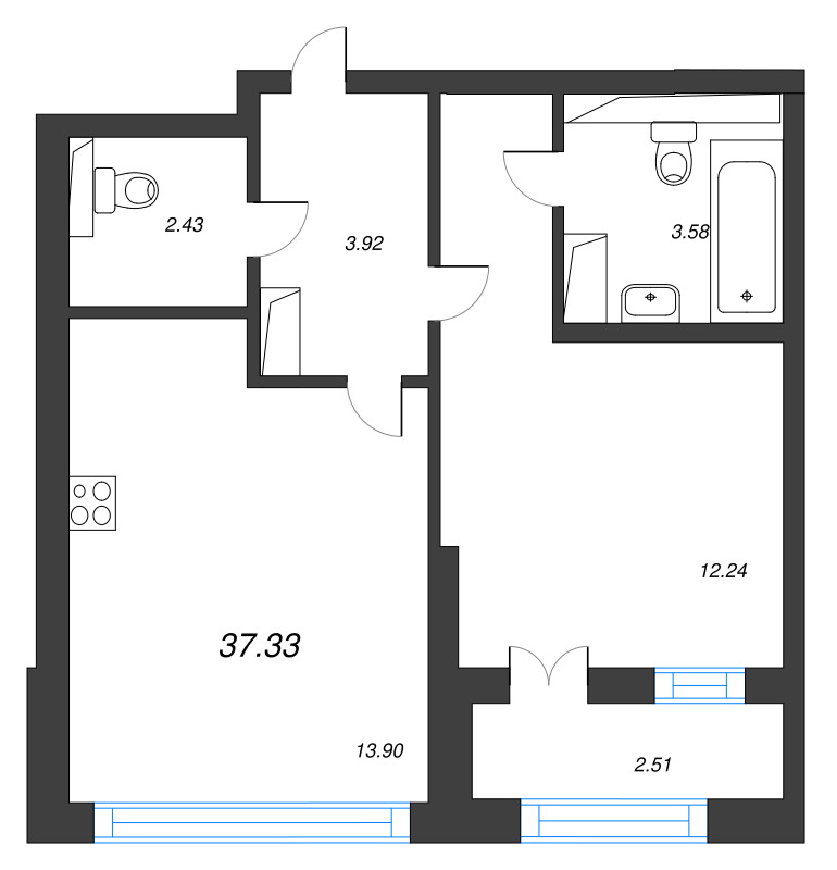 1-комнатная квартира, 37.33 м² в ЖК "Цивилизация на неве" - планировка, фото №1