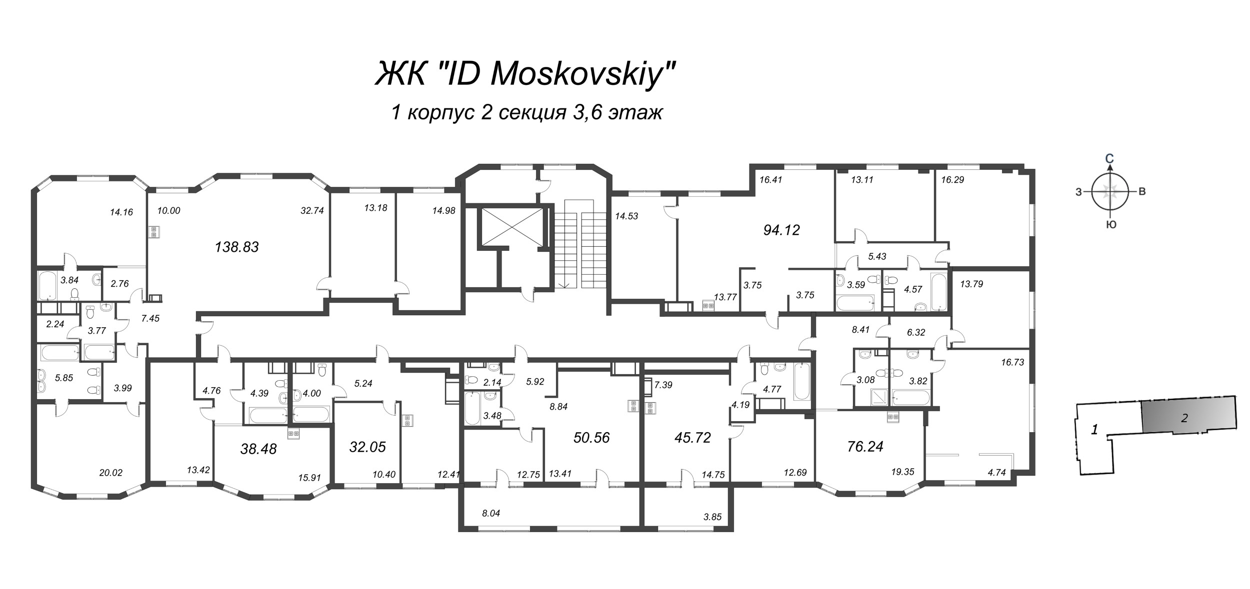 3-комнатная (Евро) квартира, 76.24 м² в ЖК "ID Moskovskiy" - планировка этажа