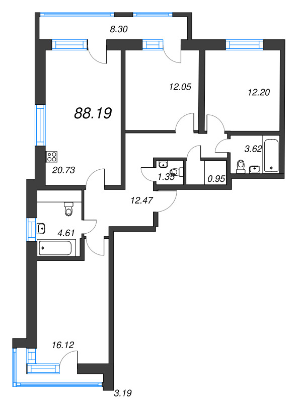 4-комнатная (Евро) квартира, 88.19 м² - планировка, фото №1