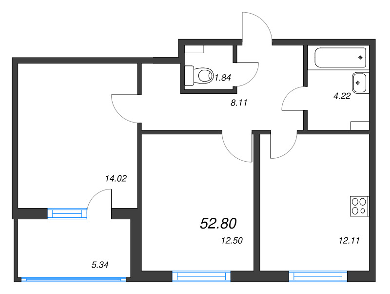 2-комнатная квартира, 52.8 м² - планировка, фото №1