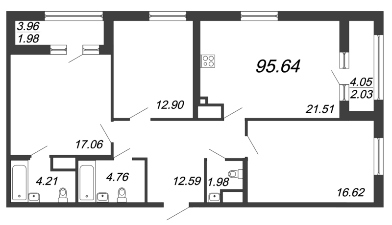 4-комнатная (Евро) квартира, 95.64 м² - планировка, фото №1