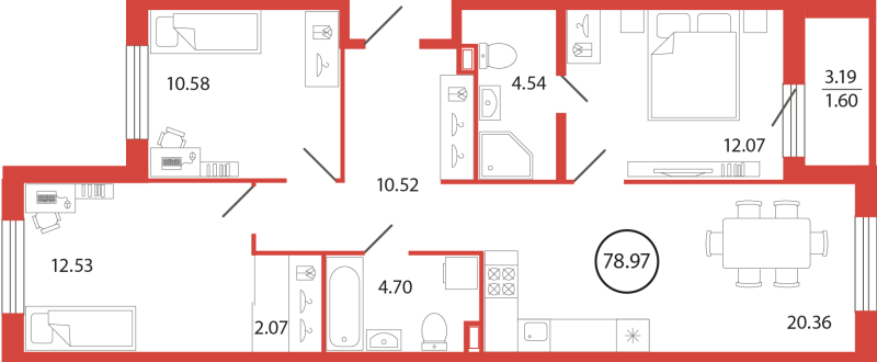 4-комнатная (Евро) квартира, 78.97 м² в ЖК "Энфилд" - планировка, фото №1