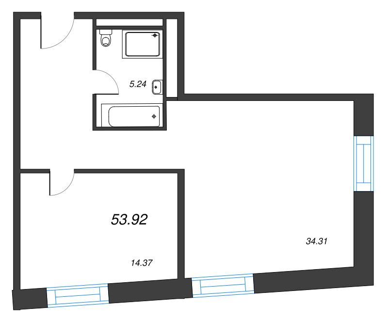 2-комнатная (Евро) квартира, 53.92 м² - планировка, фото №1