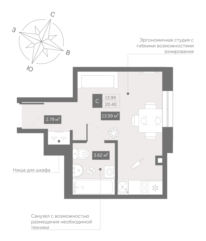 Квартира-студия, 20.4 м² - планировка, фото №1