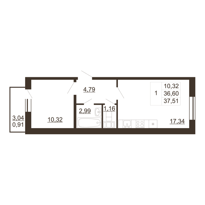 2-комнатная (Евро) квартира, 37.51 м² - планировка, фото №1