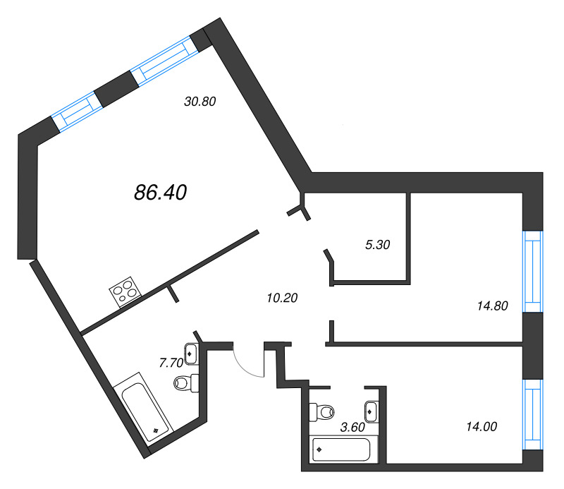3-комнатная (Евро) квартира, 86.4 м² в ЖК "ЛДМ" - планировка, фото №1