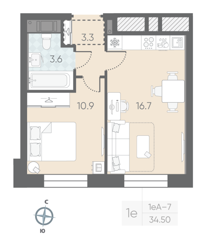 2-комнатная (Евро) квартира, 34.5 м² в ЖК "Большая Охта" - планировка, фото №1
