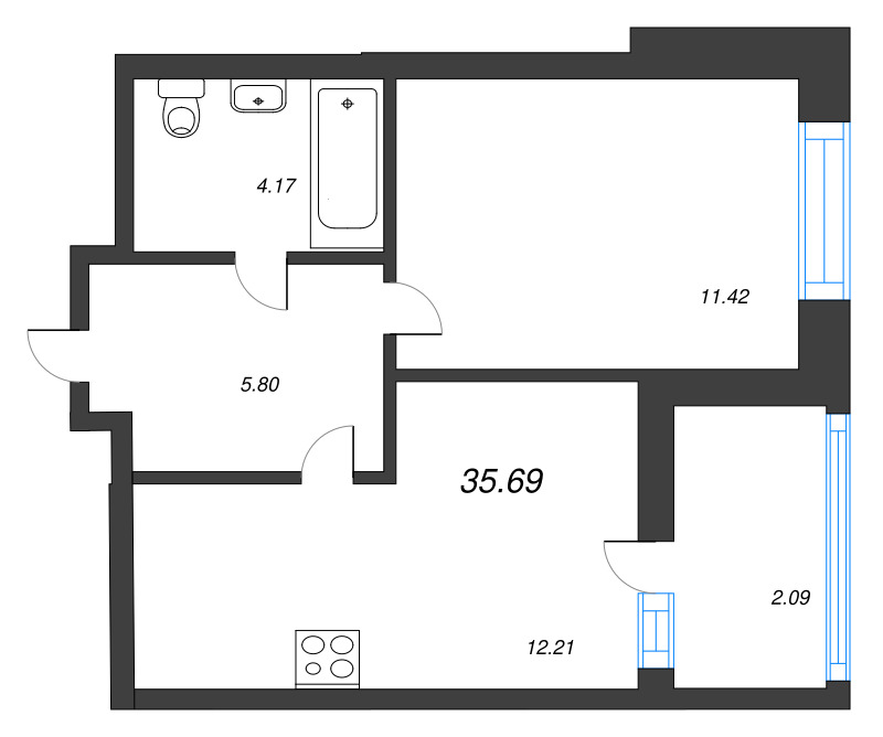 1-комнатная квартира, 35.69 м² - планировка, фото №1