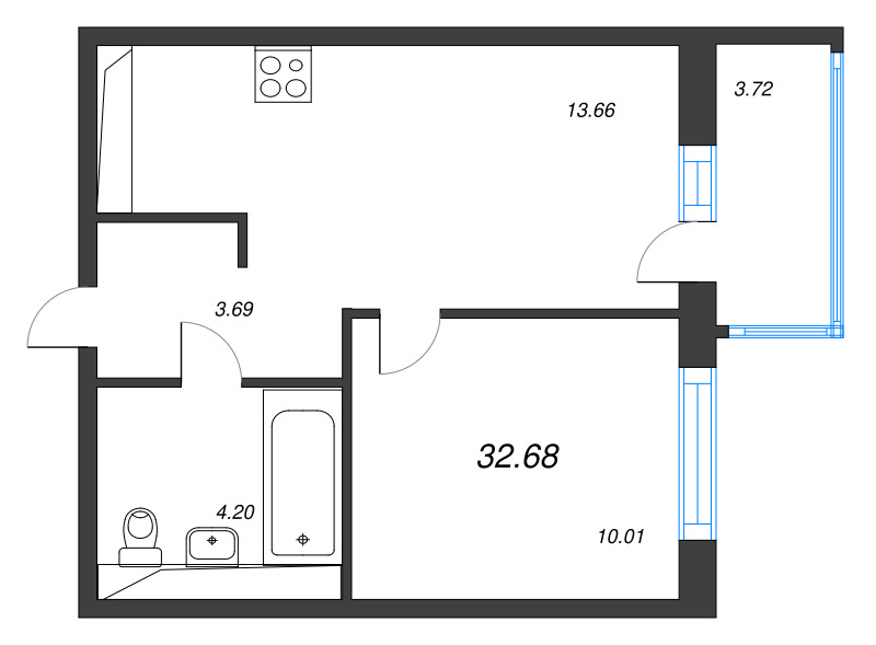 1-комнатная квартира, 32.68 м² в ЖК "OKLA" - планировка, фото №1