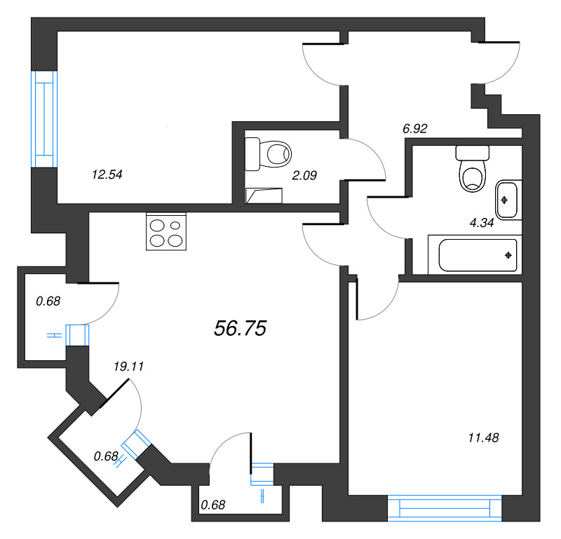 3-комнатная (Евро) квартира, 56.75 м² в ЖК "Кронфорт. Центральный" - планировка, фото №1