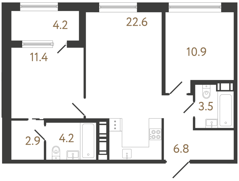 3-комнатная (Евро) квартира, 62.3 м² в ЖК "Передвижники 2" - планировка, фото №1