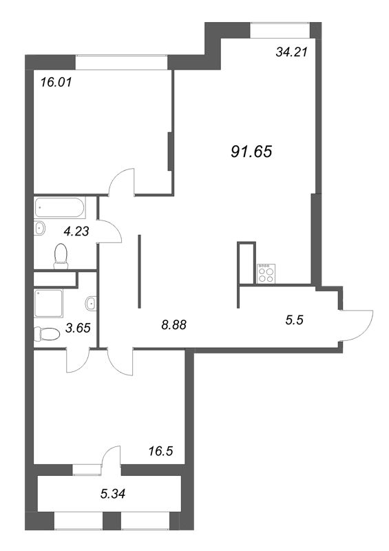 3-комнатная (Евро) квартира, 91.65 м² в ЖК "Talento" - планировка, фото №1