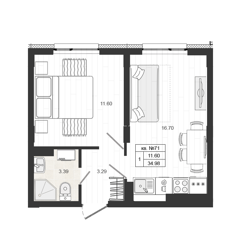 2-комнатная (Евро) квартира, 34.98 м² в ЖК "Верево-сити" - планировка, фото №1