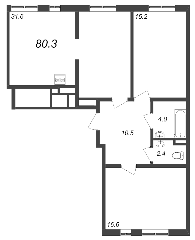 2-комнатная квартира, 80.3 м² - планировка, фото №1
