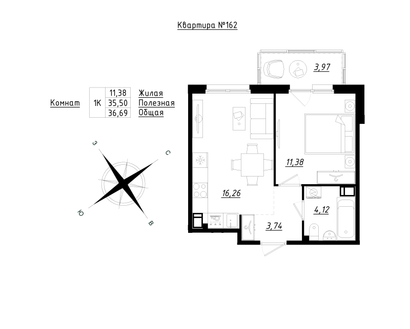 2-комнатная (Евро) квартира, 36.69 м² - планировка, фото №1