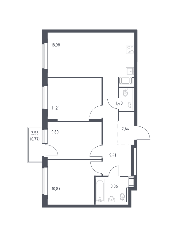 4-комнатная (Евро) квартира, 69.02 м² в ЖК "Квартал Торики" - планировка, фото №1
