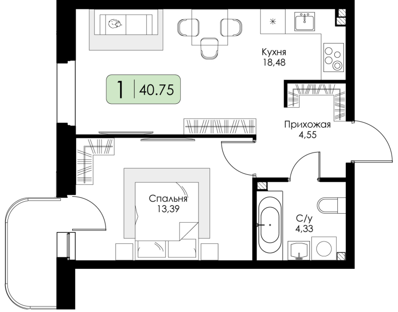 2-комнатная (Евро) квартира, 40.75 м² в ЖК "Всевгород" - планировка, фото №1