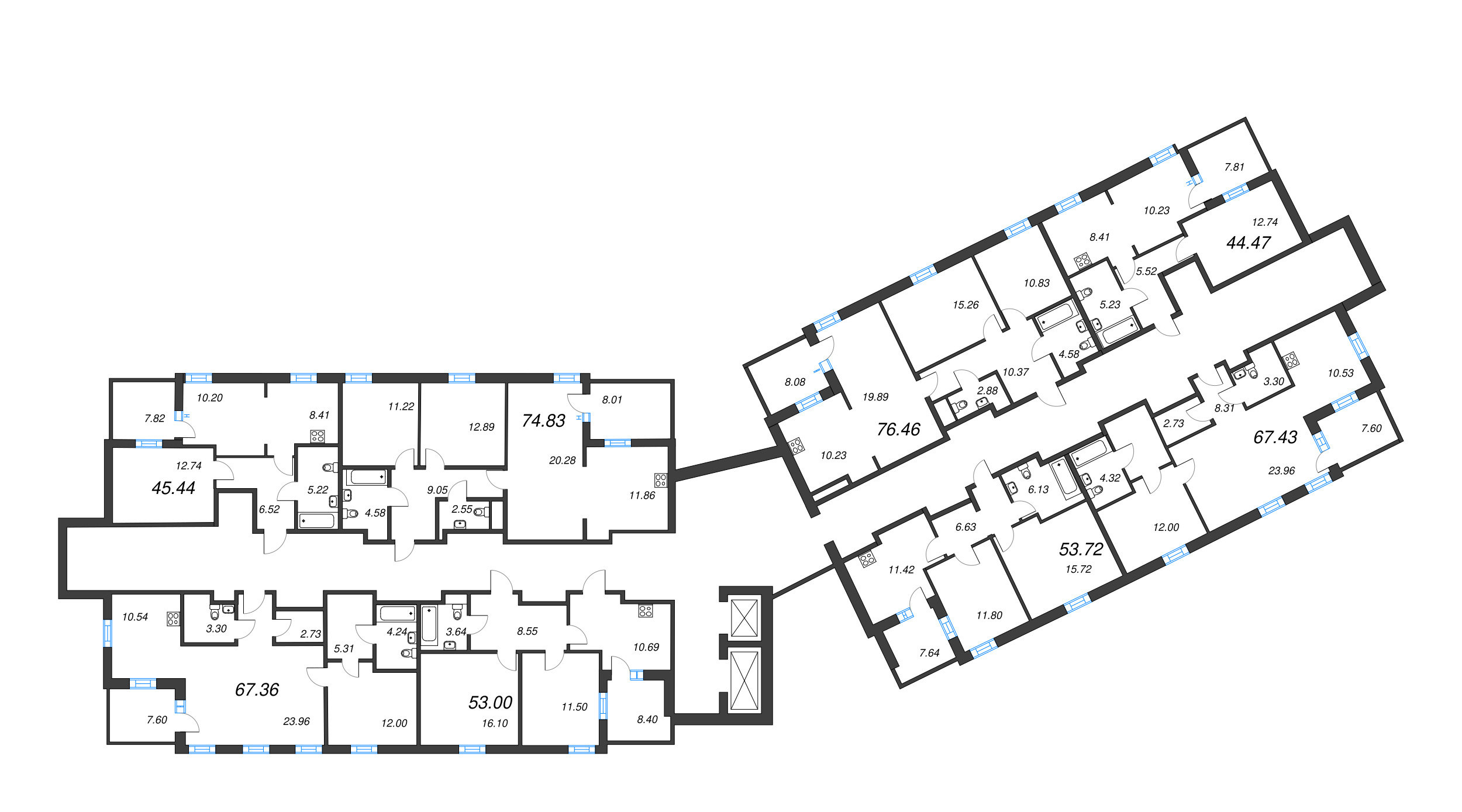 3-комнатная (Евро) квартира, 74.83 м² - планировка этажа