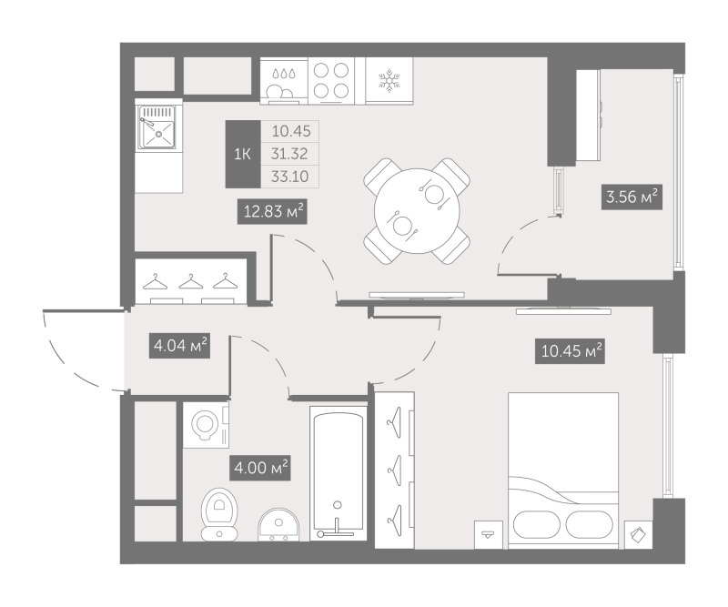 1-комнатная квартира, 33.1 м² в ЖК "UP-квартал Новый Московский" - планировка, фото №1