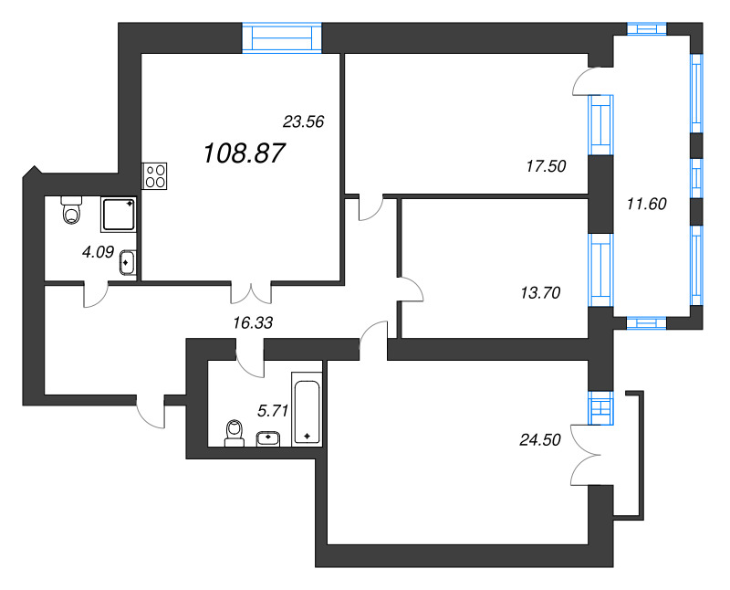 4-комнатная (Евро) квартира, 109.7 м² в ЖК "Листва" - планировка, фото №1