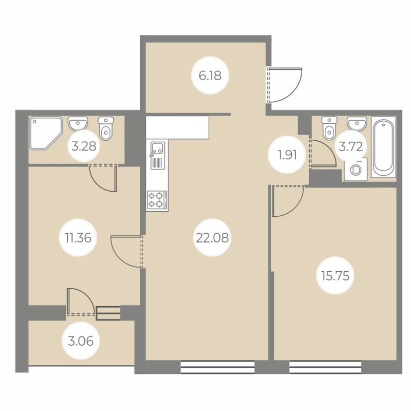 3-комнатная (Евро) квартира, 65.81 м² - планировка, фото №1