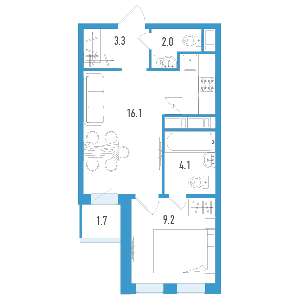 2-комнатная (Евро) квартира, 35.6 м² - планировка, фото №1
