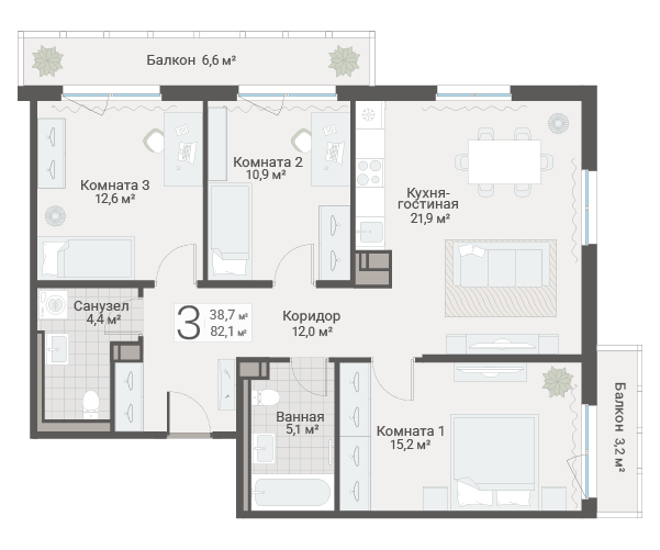 4-комнатная (Евро) квартира, 82.1 м² в ЖК "Руднева 15" - планировка, фото №1