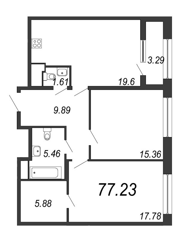 3-комнатная (Евро) квартира, 77.23 м² - планировка, фото №1