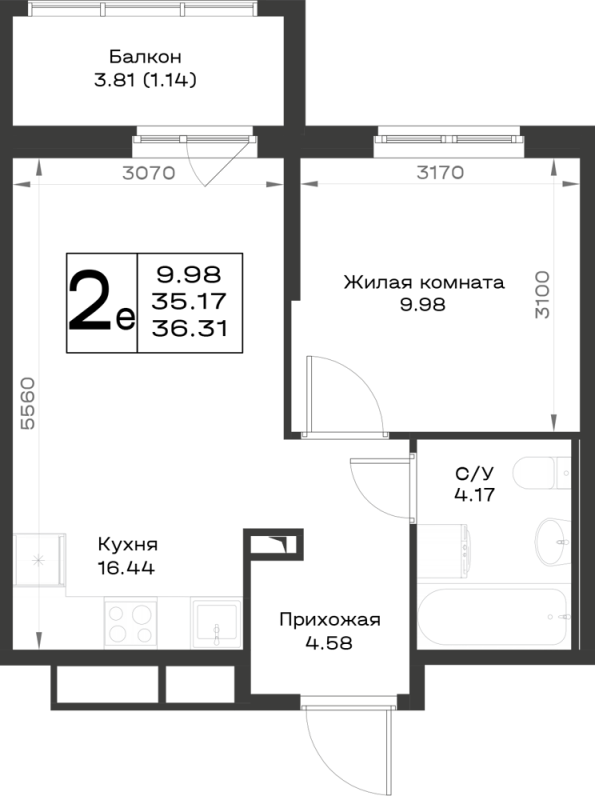 2-комнатная (Евро) квартира, 36.31 м² в ЖК "Имена" - планировка, фото №1