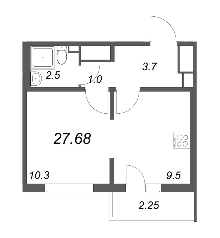 1-комнатная квартира, 27.68 м² - планировка, фото №1