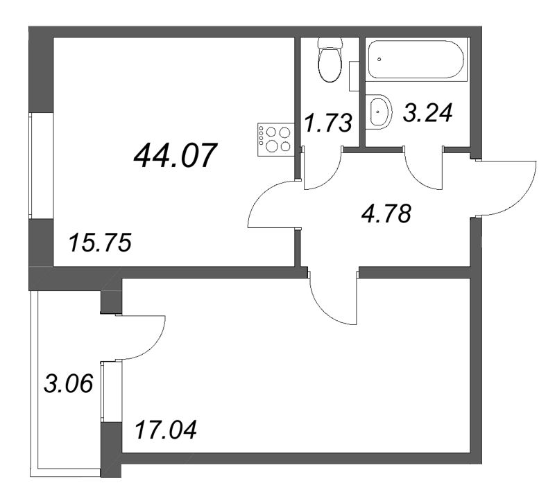 2-комнатная (Евро) квартира, 44.07 м² в ЖК "АРО" - планировка, фото №1
