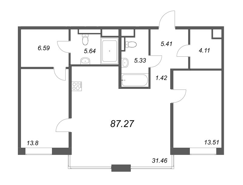3-комнатная (Евро) квартира, 87.27 м² - планировка, фото №1