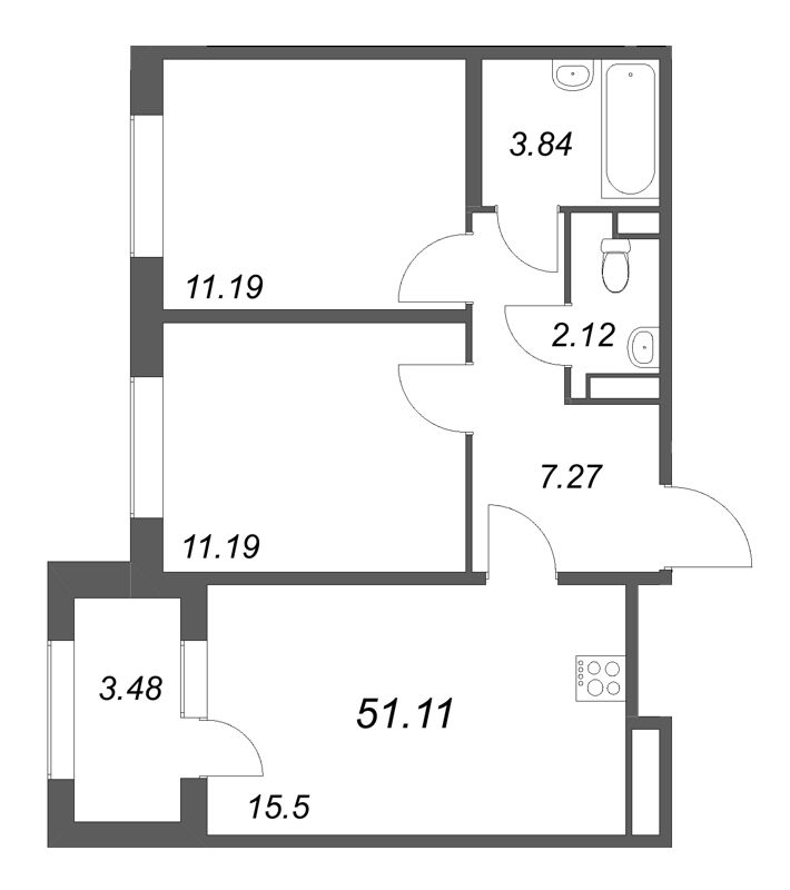 3-комнатная (Евро) квартира, 51.11 м² в ЖК "Дубровский" - планировка, фото №1