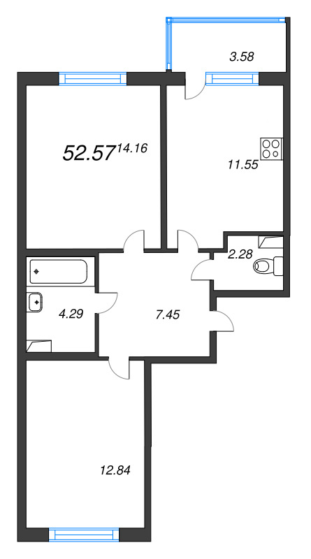 2-комнатная квартира, 52.57 м² в ЖК "ЮгТаун" - планировка, фото №1