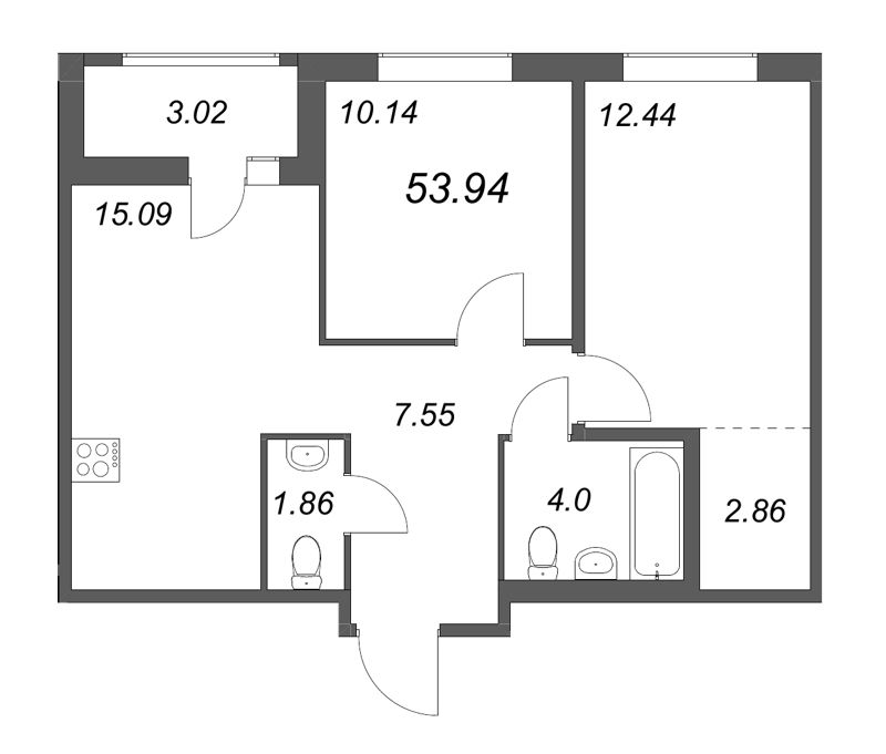 3-комнатная (Евро) квартира, 53.94 м² - планировка, фото №1