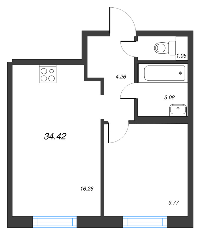 2-комнатная (Евро) квартира, 34.42 м² - планировка, фото №1