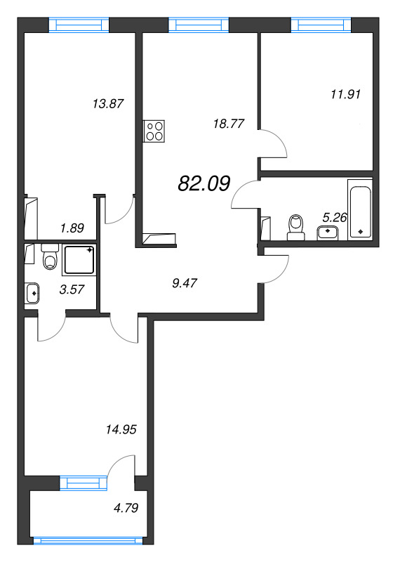 4-комнатная (Евро) квартира, 82.09 м² в ЖК "Энфилд" - планировка, фото №1
