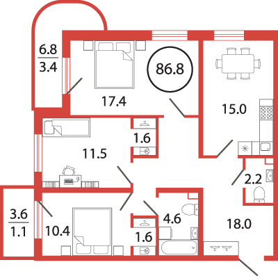 3-комнатная квартира, 86.8 м² - планировка, фото №1