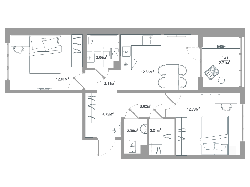 2-комнатная квартира, 58.36 м² в ЖК "ЛесArt" - планировка, фото №1