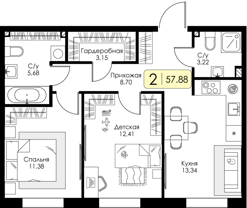 2-комнатная квартира, 57.88 м² в ЖК "Всевгород" - планировка, фото №1