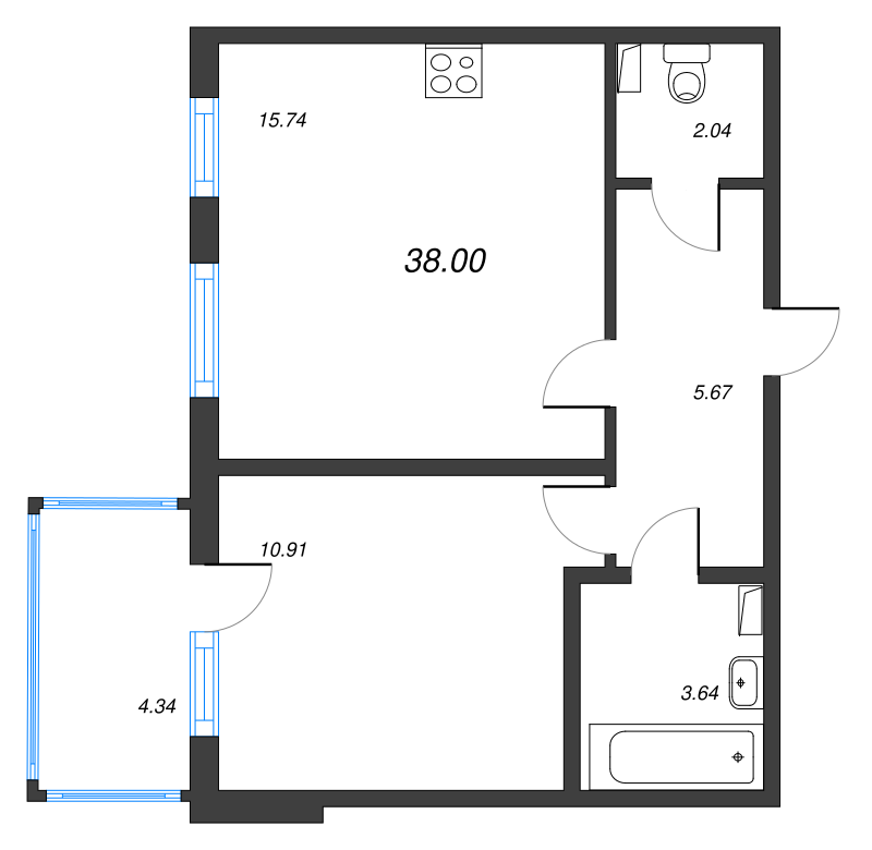 2-комнатная (Евро) квартира, 38 м² - планировка, фото №1