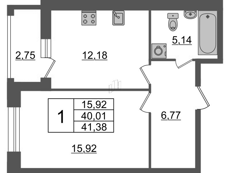 1-комнатная квартира, 41.38 м² - планировка, фото №1