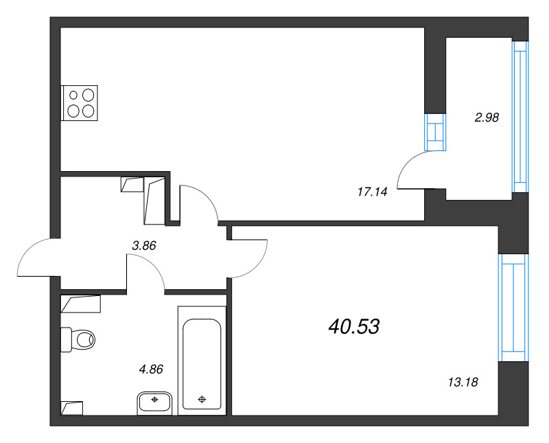 2-комнатная (Евро) квартира, 40.53 м² в ЖК "Аквилон Leaves" - планировка, фото №1