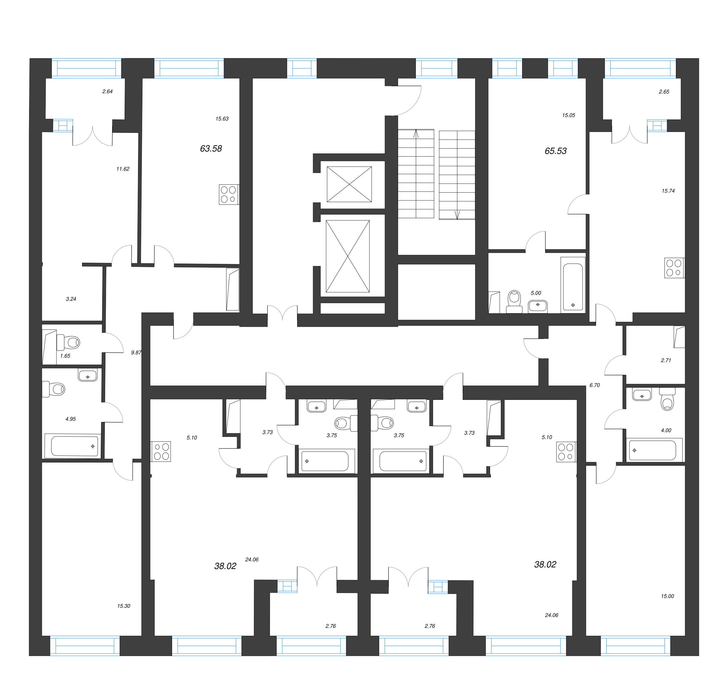 2-комнатная квартира, 63.58 м² - планировка этажа
