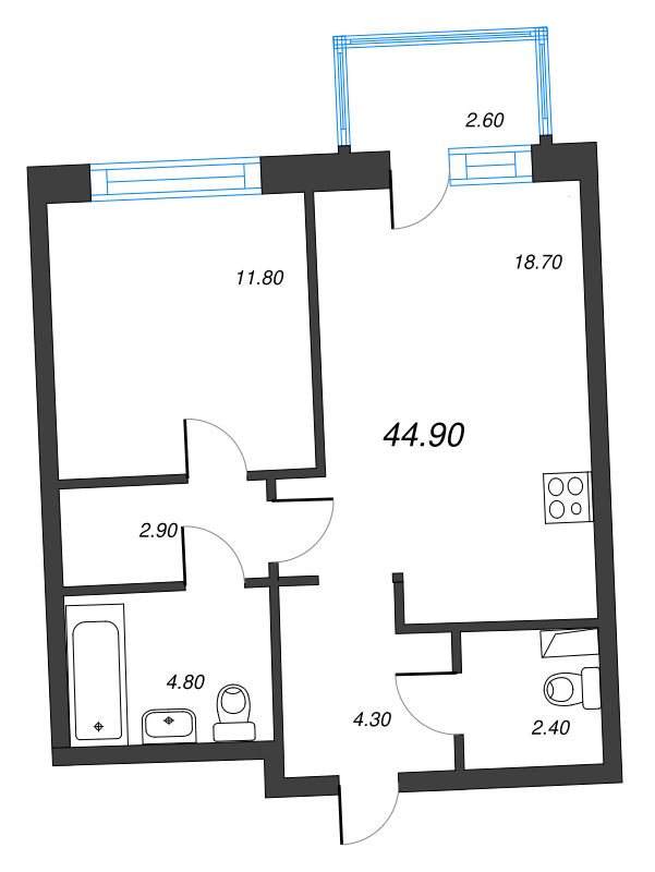 2-комнатная (Евро) квартира, 44.9 м² в ЖК "Цвет Зеленогорска" - планировка, фото №1