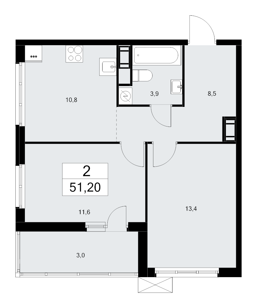 2-комнатная квартира, 51.2 м² - планировка, фото №1