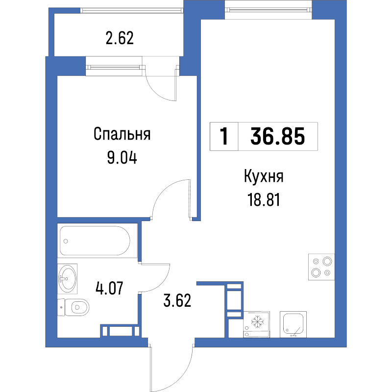 2-комнатная (Евро) квартира, 36.85 м² - планировка, фото №1