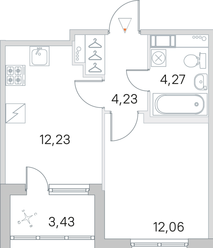 1-комнатная квартира, 32.79 м² - планировка, фото №1