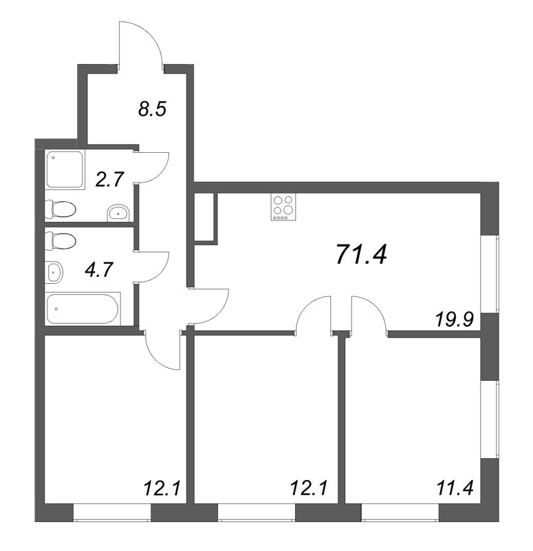 4-комнатная (Евро) квартира, 71.4 м² - планировка, фото №1